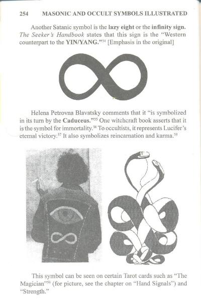 A page from a book titled "Masonic and Occult Symbols Illustrated." It features text describing various symbols followed by three illustrations. The first illustration depicts an infinity symbol, the second shows a man wearing a jacket with the same infinity symbol on the back, and the third is a stylized drawing of a two-headed snake intertwined around a winged staff, resembling a caduceus.